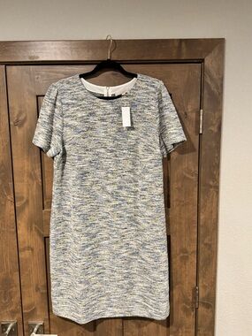 LOFT Blue and Gray Tweed Midi Shift Dress
